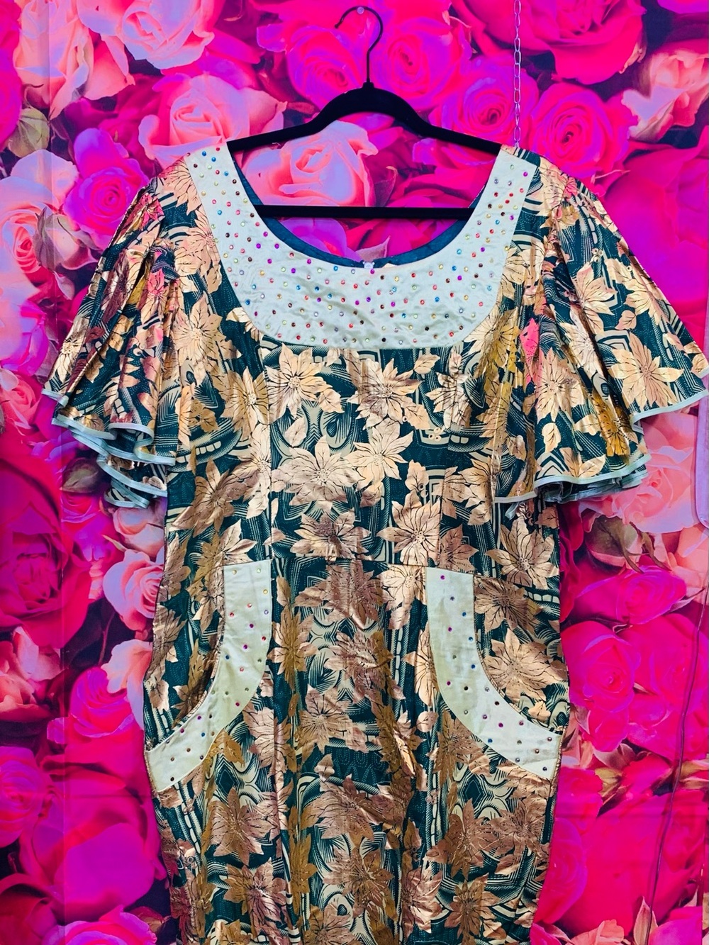 Green Floral Tunic Dress with Gold Accents and Embellished Scoop Neck African